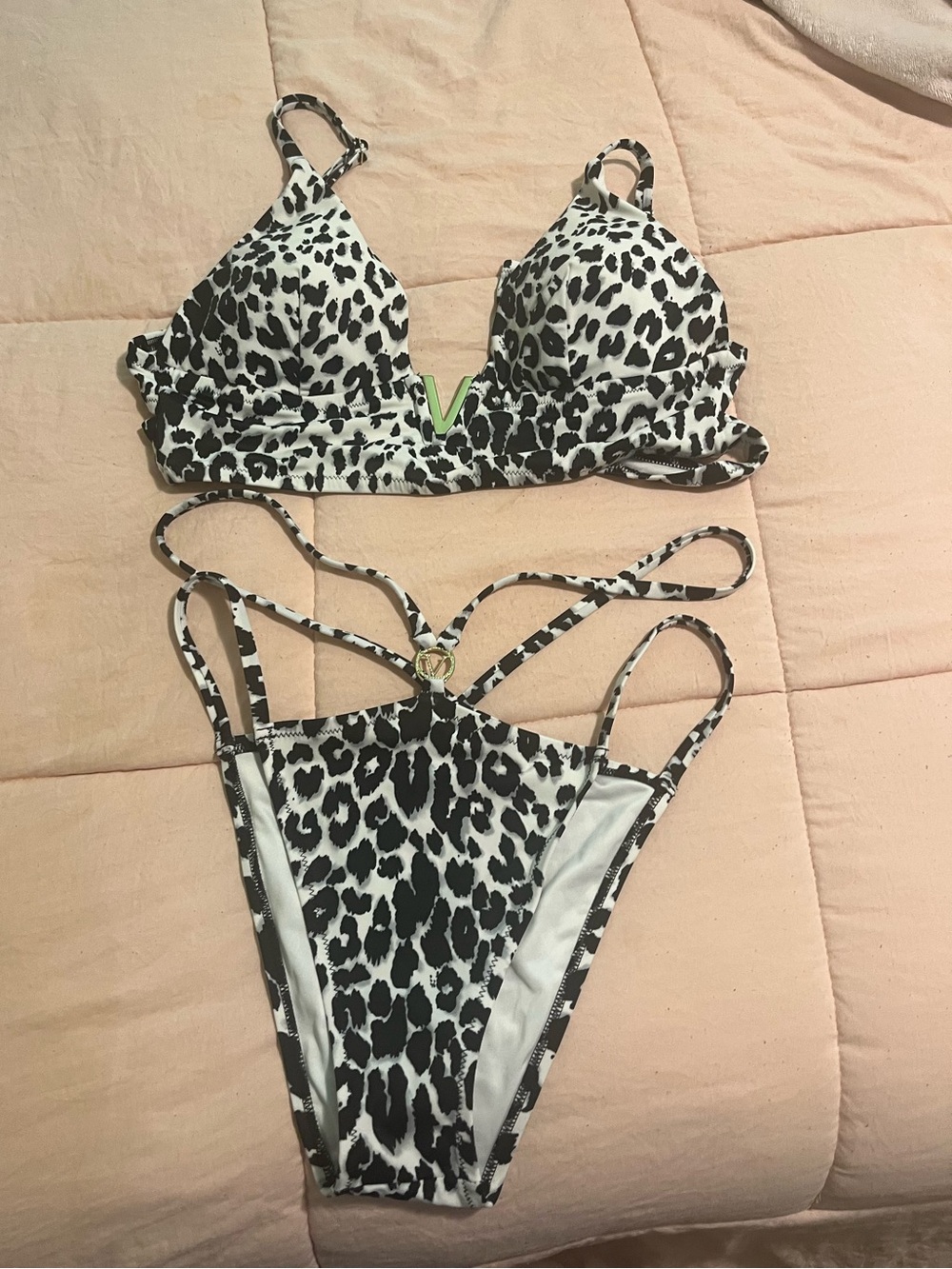 Victoria Secret Black and White Leopard Print Strappy Bikini Set